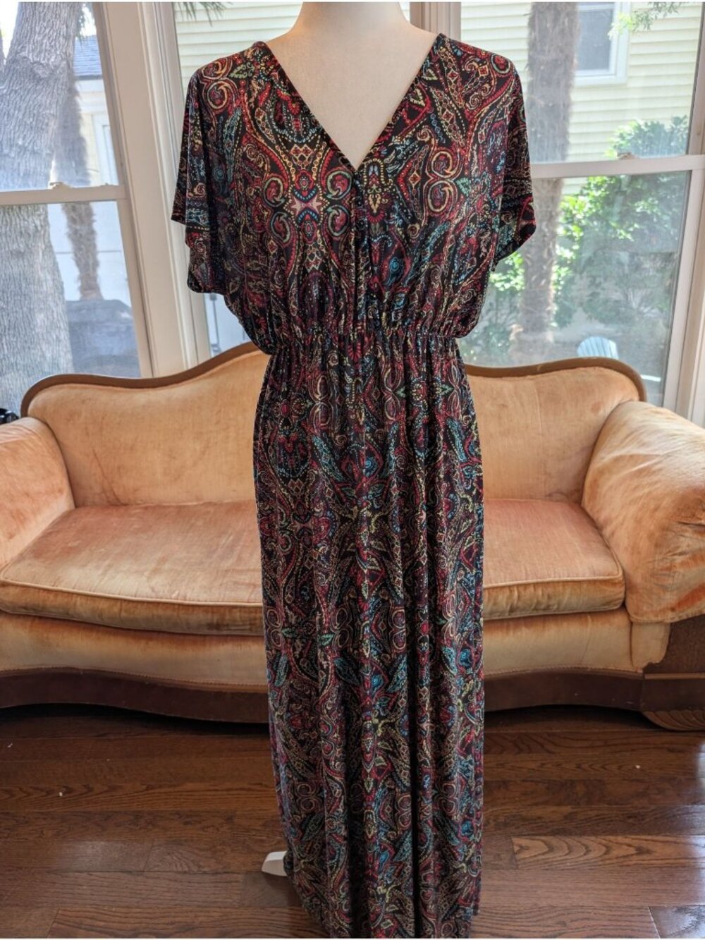 Boho Paisley Maxi Dress Size L Flutter Sleeves Cottage Core Deep V-neckline